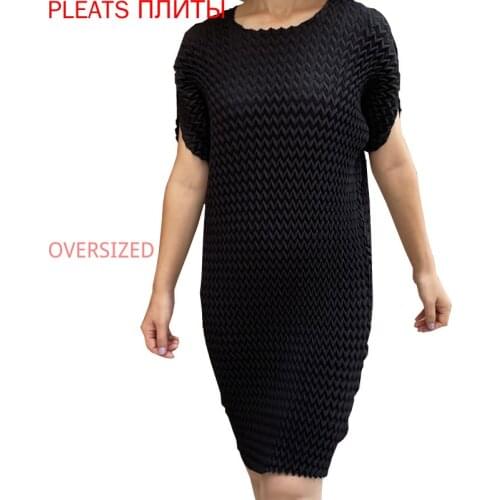 MIYAKE Pleated Dress Loose Waist New Color Square Pleats Handmade Pleated Fashion Loose Bat Sleeves Japanese ELEGANT Vestido