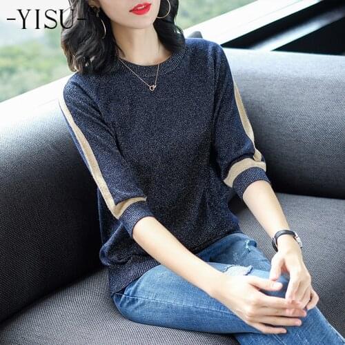 YISU 2019 Spring Sweater Women Short sleeve Pullover Women fashion Bright silk Sweaters O neck thin Tops Femme Knitted sweaters