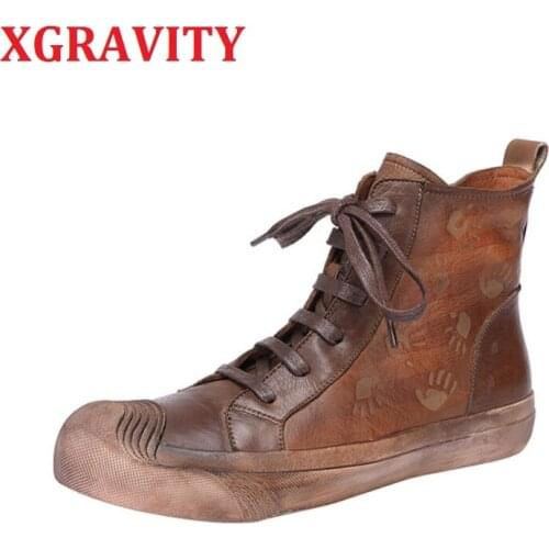 XGRAVITY 2021 Autumn Spring Flat Shoes High Calf Ladies Boots Women Fashin Casual Boots Lace Up Ladies Footwear Vintage Woman