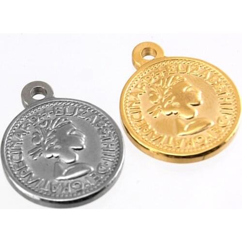 Simsimi women coins small pendant Coin charm Pound Elizabeth Euro 10 cents Stainless steel round charms for necklace 10 pcs