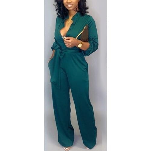 Autumn Jumpsuits for Womens Solid High Waisted Full Sleeve Single Breasted Fashion Elegant Evening Night Party Rompers Jumpsuits