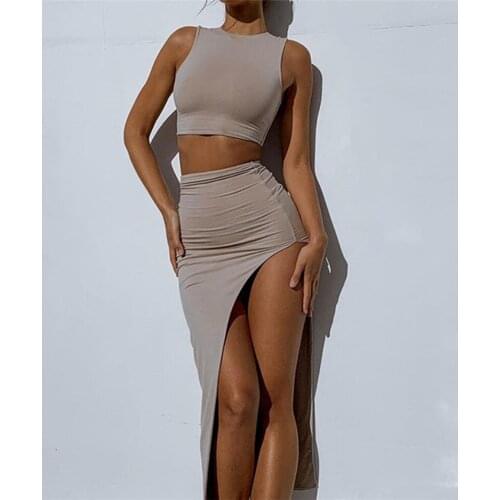 Summer Ladies Vest&Skirts Fashion Suit Solid Sleeveless O Neck Crop Top+Long Split Skirt Bodycon Clothes Set Women Casual Club