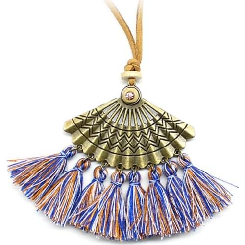 Bohemian Fan Carved Hollow with Color Tassel pendant necklace Imitation Leather Long Sweater chain Women Party shopping jewelry