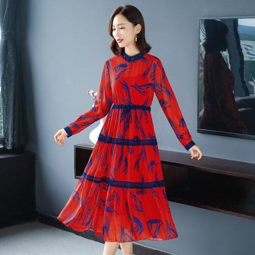 2021 Spring New Loose Long Sleeve Dress Ladies Temperament Korean Slim Printed Stand Collar Elegant Floral Women Clothing Y1453