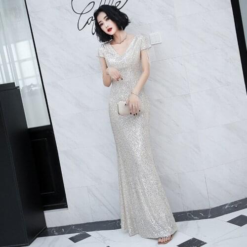 2020 Exquisite Sequins Bling Up Ball Qipao Slim Tight Sexy Evening Party Gown Temperament Fairy Dress Abito Da Sera