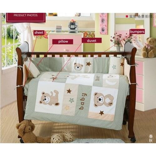 7PCS embroidery Newborn Baby Crib Cot sheets Bedding Sheet Cot Bed Linen бортики в кроватку (4bumper+duvet+sheet+pillow)