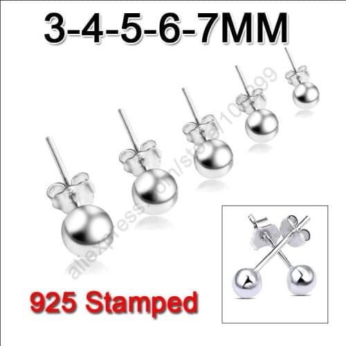 80Pcs 925 Sterling Silver Smoonth Ball Beads Stud Earring With Back Stoppers Woman Gift Jewelry Multi Sizes 3-4-5-6-7mm