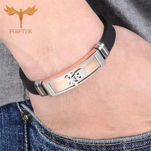 Punk Hip Hop Mens Skull Bracelet Fashion Silicone Bangle Stainless Steel Buckle Gift for Boyfriend