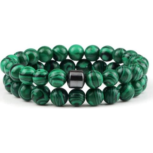 Malachite Beads Bracelet Set Fashion Cylinder Charm 8mm Natural Lava Stone Bracelets for Men Women Yoga Jewelry Best Friend Gift