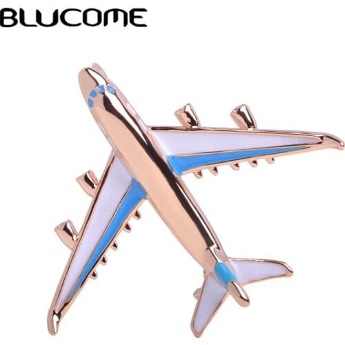 Blucome Cute Little Airplane Brooch Blue Enamel Gold-color Metal Brooches Pin Fighter Aircraft Model Jewelry Suit Clothes Clips