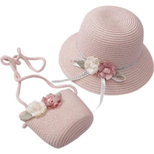 Kids Girls Morandi Hat + Handbag Charm Princess Straw Baby Girl Sun Beach Hat Flower Cap Lovely Summer 4-8Y Girl Accessories