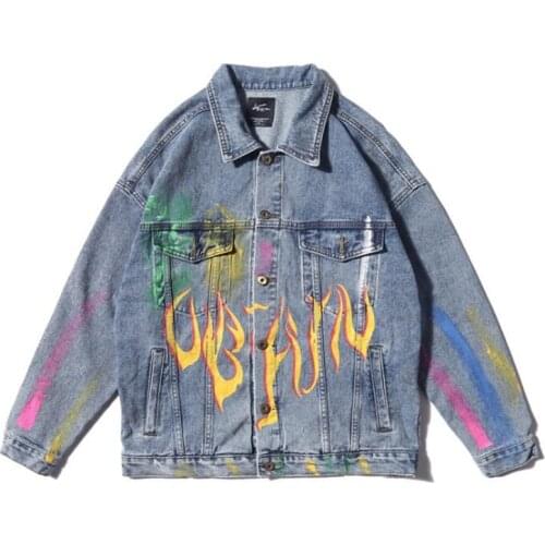 Rainbow graffiti fire flame print denim jacket streetwear hip-hop bomber casual Jean jacket coat fashion top blue black