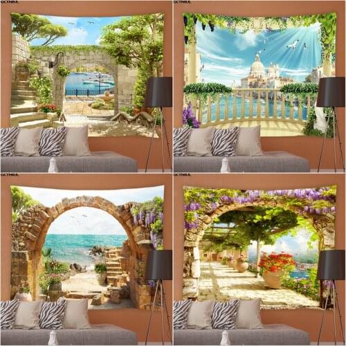 Landscape Tapestry Sea Ocean Flower Plant Natural Scenery Tapestries Hippie Living Room Bedroom Background Wall Hanging Fabric