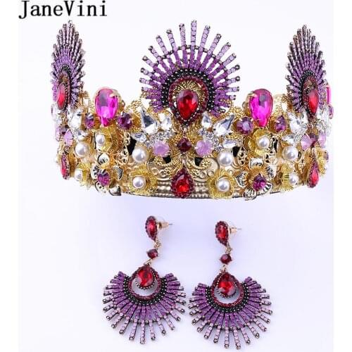 JaneVini Luxury Baroque Rhinestone Bridal Tiaras and Crowns Diadem Pageant Crown with Earrings Wedding Jewelry Hair Accessories