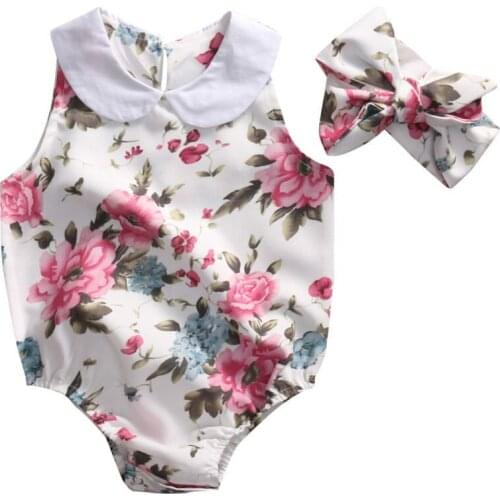 2019 Summer Newborn Kid Baby Girl Clothes Floral Printed Jumpsuit Romper + Lovely Headband Cute Outfits Hot Sale