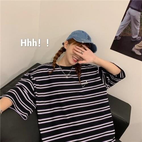 Korean Fashion Striped Female T-Shirt Unisex Couple Short-Sleeved Top Vintage Cotton Oversized Harajuku Japanese Striped y2k