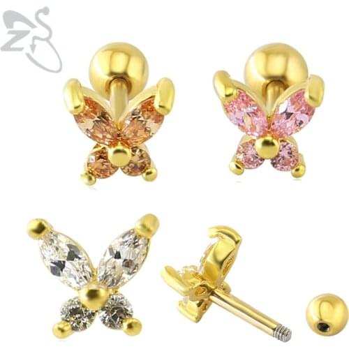 Fahion Stainless Steel Cute Butterfly Design Stud Earrings Cubic Zircon Ear Studs Tragus Helix Piercing Jewelry for Women Girls