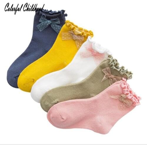 5 Pairs Kid Girls Socks Candy Color Bow Knot Decoration Ruffles Middle Tube Socks Big Kid Girls Autumn Pure Cotton Soft Socks