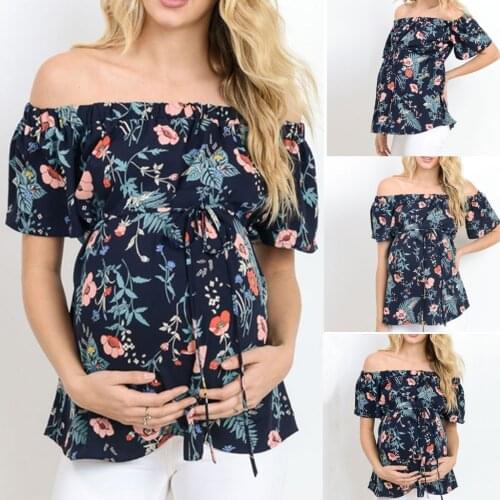 New Womens Clothing Plus Size Tees For Pregnant Womens Short Sleeve Tops Breastfeeding Off Shoulder Floral T-Shirt Maternity