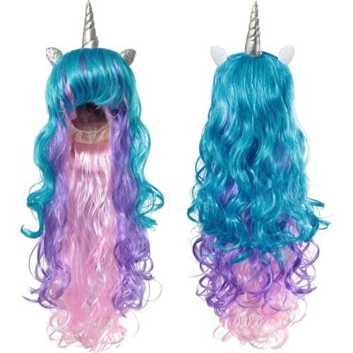 Girls Unicorn Party Birthday Decoration Long Wavy Unicorn Wigs Fake Hair Cosplay kids Unicorn Wig with Horn Synthetic Wigs Decor