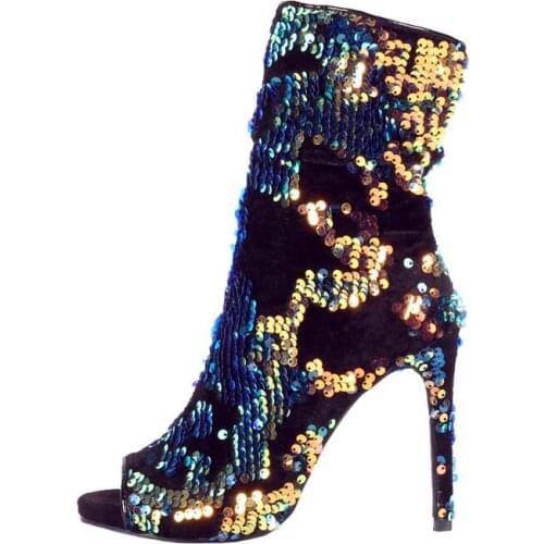 Sexy Colorful Sequins Peep Toe Socks Boots Shoes Side Zipper Bling Bling Paillette Stiletto Boots Real Photo Ankle Bootie