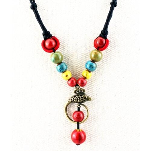 Retro Handmade ceramic Beads pendant sweater chain ethnic style necklace N357