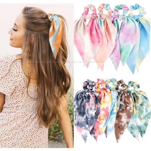 Fashion Leopard Print Bow Satin Long Ribbon Scrunchies Women Girls Elastic Hair Bands Ponytail Scarf Hair Tie Hair Accessories