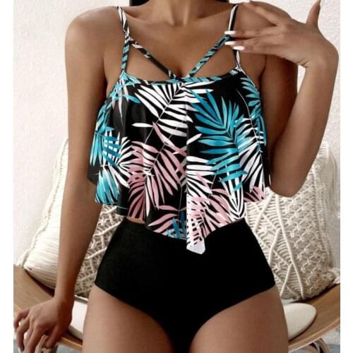 Sexy Women’s 2pcs Bikini Set Printed Sling Camisole Tops and Solid Color High Waist Panty Split Swimsuit Summer Bathing Suit