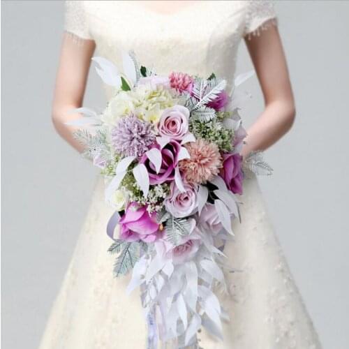 Brides Wedding Bouquet Pink Purple Water Drop Waterfall Elegant Wedding Bouquet Artificial Carla Lily Bride Bridal Bouquet