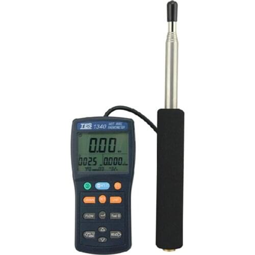 TES1340 Hot Wire Thermo Anemometer HVAC Air Flow Velocity Meter Wind Flow Meter Wet bulb Wind chill Manual Data Memory