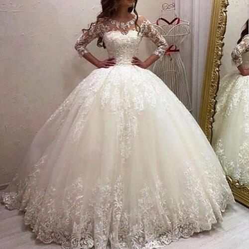 ANGELSBRIDEP Sheer Neck Ball Gown Wedding Dresses Vestido De Noiva High Quality Applique Beaded Floor-Length Formal Bridal Gowns