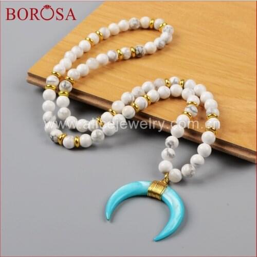 BOROSA Fashion Bohemian Tribal Jewelry White Howlite Knotted Horn Pendant Necklaces For Women Ethnic Necklace G1160