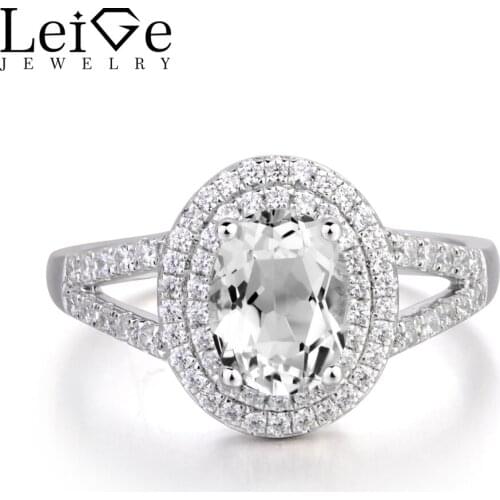 Leige Jewelry Halo Ring Real Natural White Topaz Ring Wedding Ring 925 Sterling Silver Ring Gemstone November Birthstone