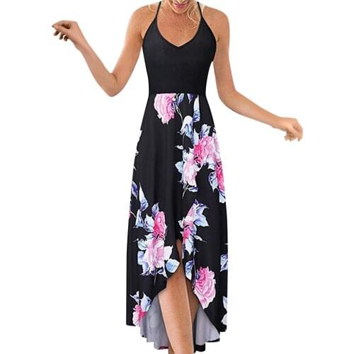 2021 Women Dress Plus Size 5XL Elegant Flower Print Halter Backless Sleeveless Sling Dress Boho V-Neck Loose Long Summer платье