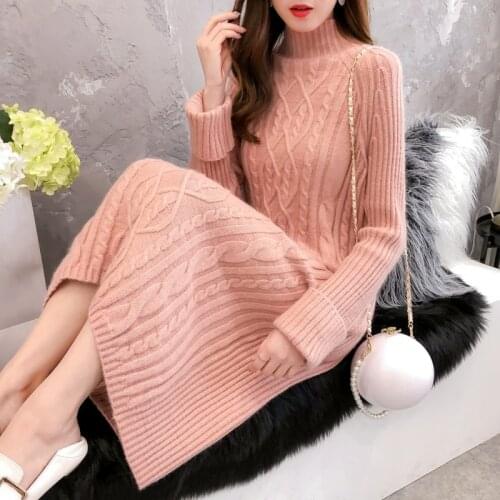 New Long Sleeve Sweater Dress Korean Style Loose Knee high Half Turtleneck Female Autumn Winter Vintage Knitting Long Sweaters