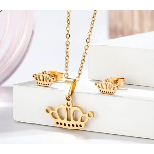 Womens jewelry three-piece simple personality crown necklace earrings set stainless steel jewelry Bridal crown pendant gift Hot