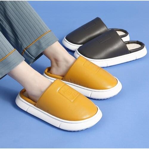 Winter Waterproof PU Plush Women Indoor Slippers Felt PVC Men House Shoes 3.5CM Soft Platform Shoes Furry Slides Thick Anti-slip