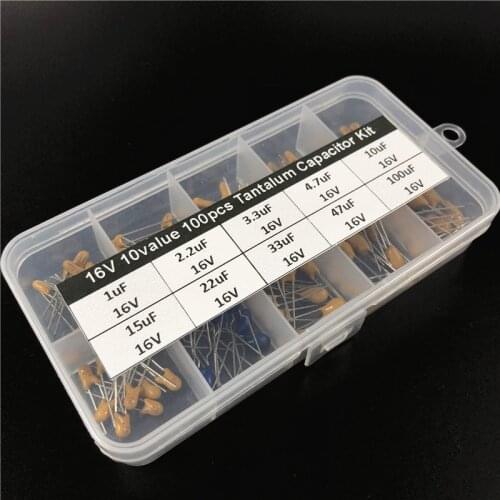 10values 100pcs 16V 1uF 2.2uF 3.3uF 4.7uF 10uF 15uF 22uF 33uF 47uF 100uF tantalum capacitor assorted kit with free storage box