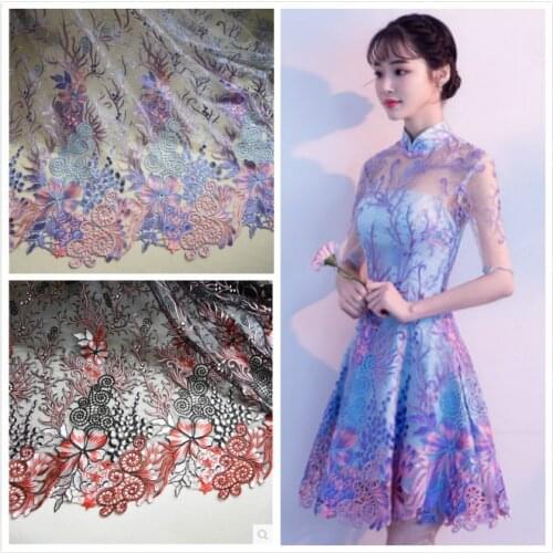 Free Shipping lace fabric ivory Guaze Beautiful Embroidered Wedding Fabric width 130 cm 1 meter