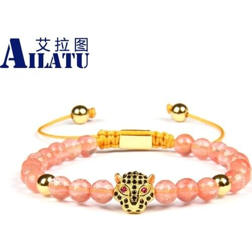 Ailatu Panther Bracelets Pink Eye Cz Leopard Bracelets with 6mm Faceted Natural Stone Beads Nice Men & Women Jewelry