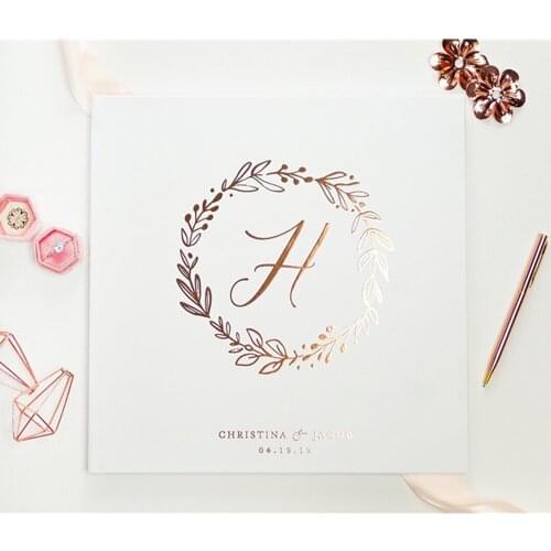Personalized Monogram Guest Book for Wedding, Wedding Guestbook with Custom Names, Wreath Guest Book Rose Gold Foil Printing