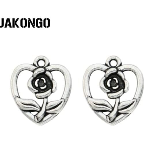 JAKONGO Antique Silver Plated Flower Heart Charms Pendants Jewelry Findings Accessories Making DIY fit Bracelet 18x16mm