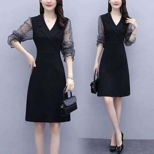 L-5xl Summer Women Dress Vintage Black Elegant Polka Dot Mesh Stitching Half-sleeved Suit Collar Plus Size Cocktail Dresses 1435