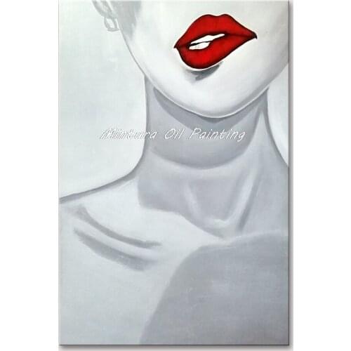 Mintura Hand Painted Oil Paintings on Canvas Wall Picture For Living Room The Girl Red Lips Hotel Decoration Wall Art No Framed