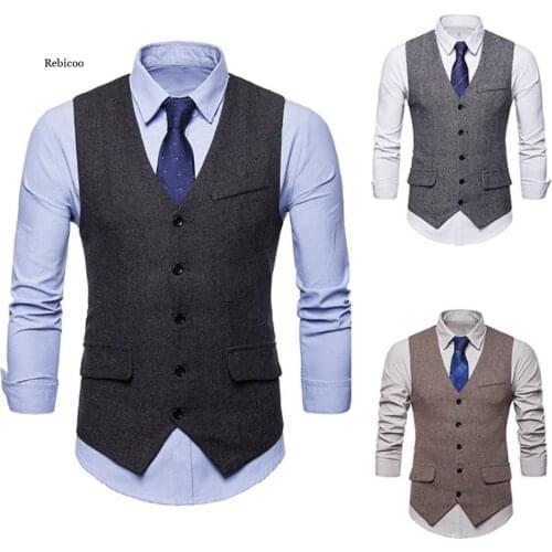 Men Sleeveless V Neck Single-Breasted Herringbone Gilet Business Suit Waistcoat British Style Mens Suit Tailor Blazer