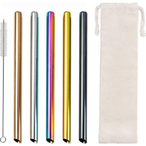 12MM Extra Wide Boba Tea Metal Straw Stainless Steel Jumbo Drinking Straws Straight Reusable Pointed Straw Set Brush Pouches