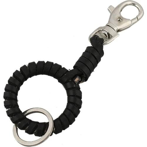 Punk Fashion Black Metal Keychain Weave Genuine Leather Alloy Ring Buckle Retro Pant Car Keys Chain Keyring Men Accessories Gift