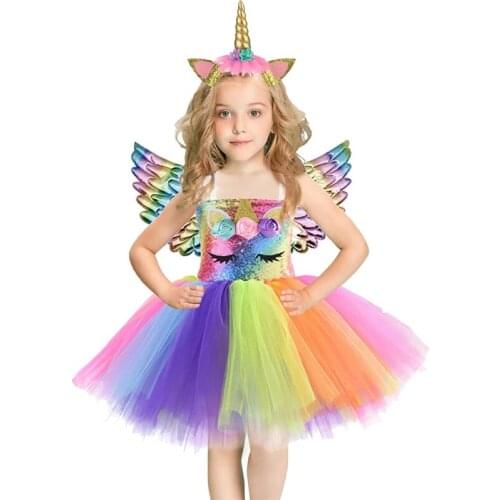 Rainbow Unicorn Dress With Wings 3 Pcs Outfits Kids Carnival Costume Birthday Party Princess Girls Dress Tutu Christmas Vestidos