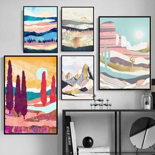 Nordic Abstract Mountain Scenery Posters Sun Sunrise Sunset Landscape Canvas Painting and Prints Wall Art Pictures Home Decor