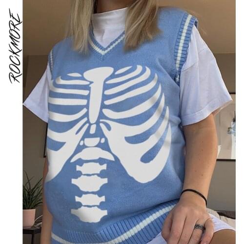 Rockmore Skull Print Sweater Vest Y2K Knitted Oversize Casual Tops Streetwear Slim Sleeveless V Neck Jumpers Knitwear Pullovers